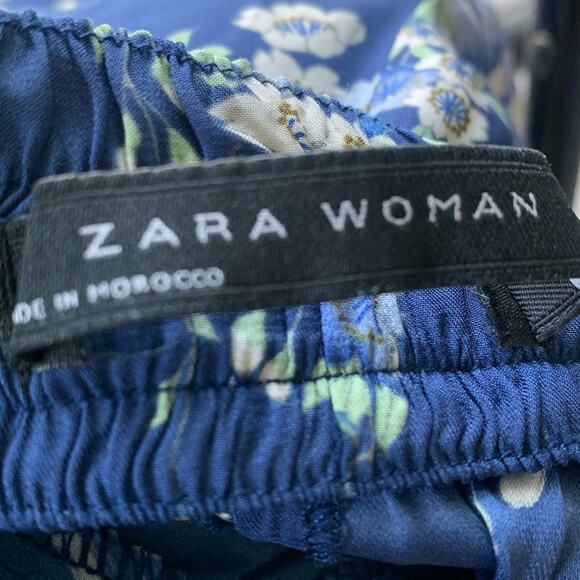 Zara Silky Harness The Power Of Flowers Straight Leg Crop Pants Pull On Blue M - Picture 9 of 14